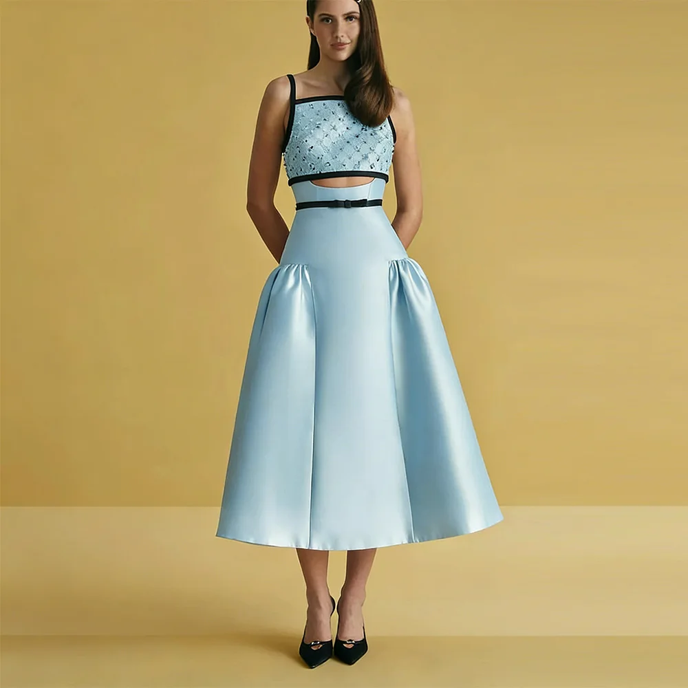 Robe de bal simple en satin, coupe A, personnalisée, ornée de perles brillantes, style moderne, bretelles spaghetti, dos nu, robes de soirée saoudiennes