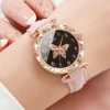 2PCs/Set Women Butterfly Dial Watch Black Pink Color Leather Strap Quartz Watch 2