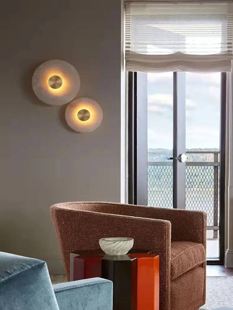 Luma Natural Alabaster Stone LED Wall Lamp, Round Marble Copper Sconce Light for Foyer TV Background Bedside Staircase Decor