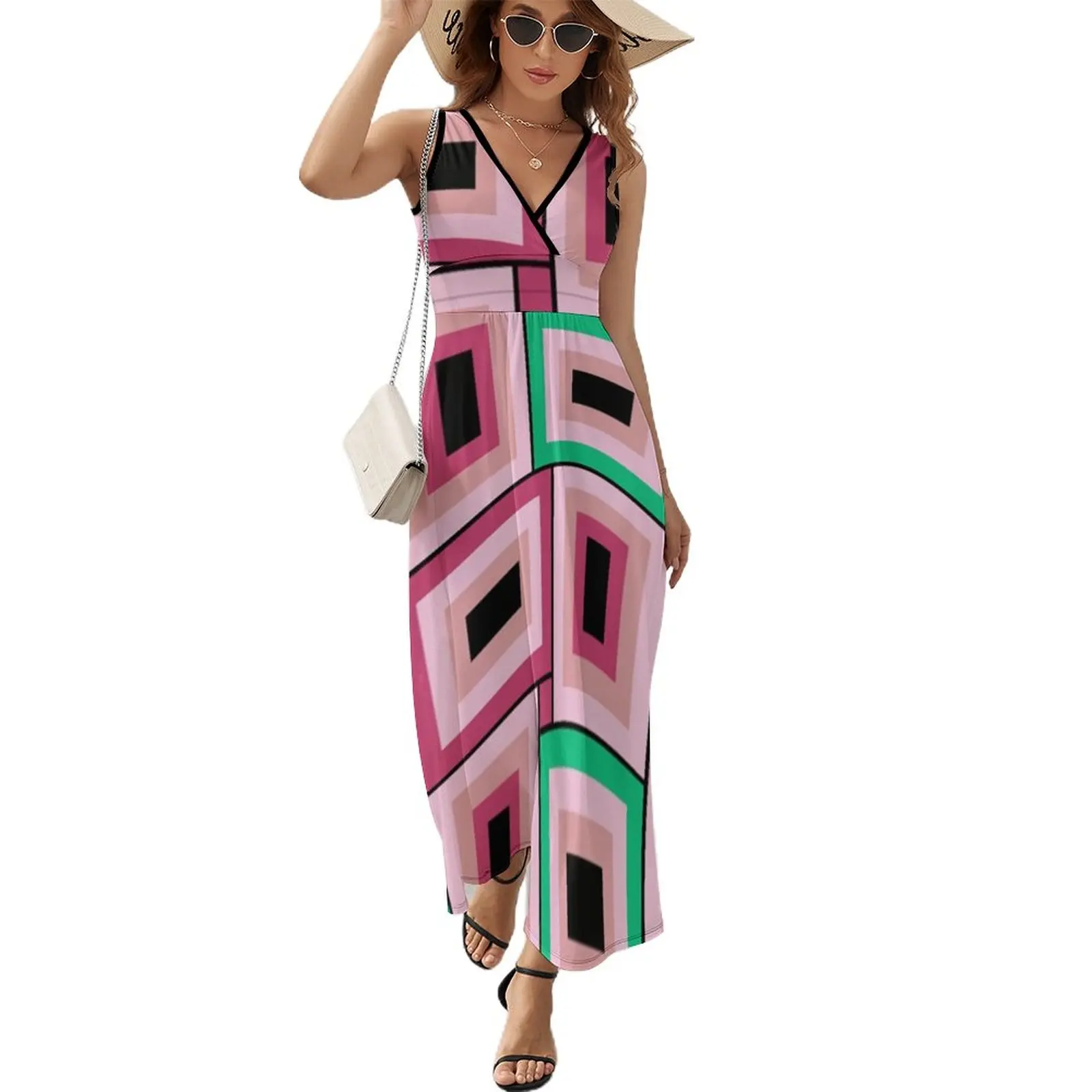 

Mid-Century Modern Pink And Green Rectangles Pattern Sleeveless Dress beach dress festival outfit women