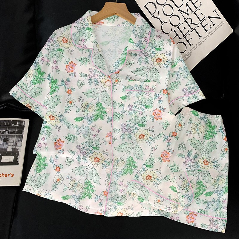 French Sweet Floral Ice Silk Pajamas Female Summer New Short-Sleeved Shorts Set of Home Clothing Sexy Pajamas Summer Clothing