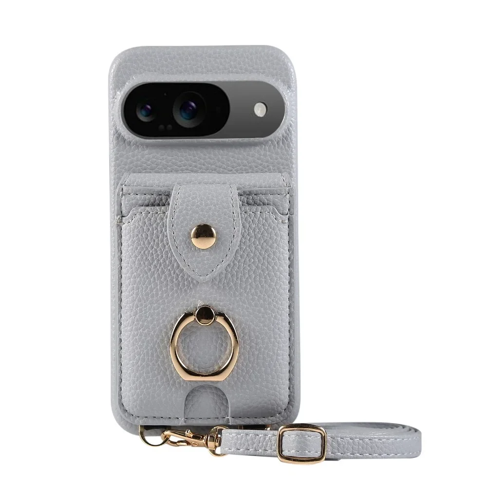 Dual-Function Leather Phone Case with Crossbody Ring and Mirror Wallet