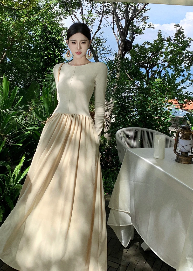 Vestidos largos informales de retazos para mujer, cuello redondo, mangas largas, corte en A, otoño primavera, moda coreana, vestidos de una pieza para mujer, nuevos