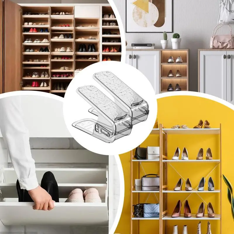 Adjustable Shoe Stacker 2pcs Adjustable Double Layer Stack Shoe Holder Transparent Thickening Stackable 3 Different Height Space 4