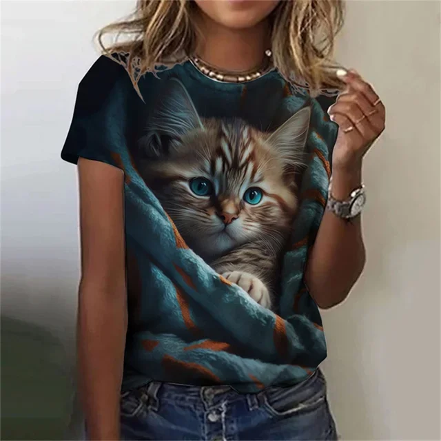 Maglietta Donna Gatto Nero Divertente – Stampa 3D, Manica Corta, Casual, Morbida