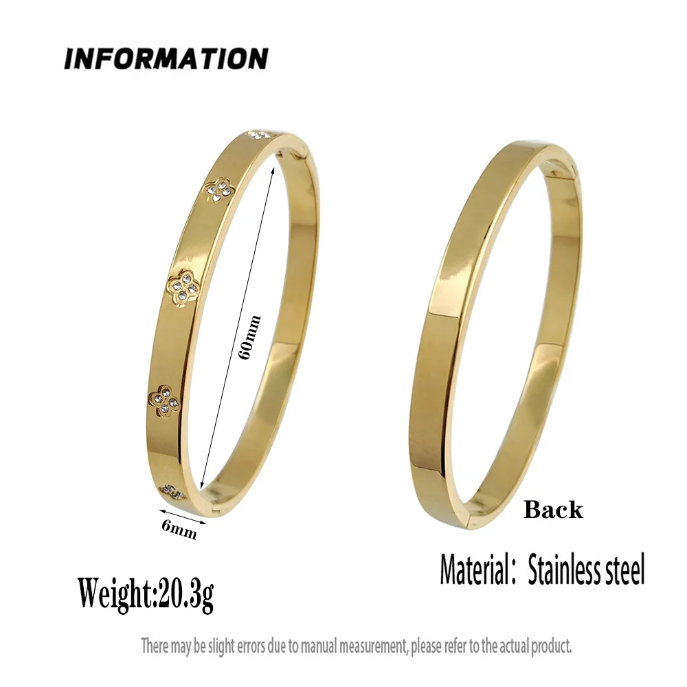 Classic Four Leaf Clover O Shape Stainless Steel Gold Plated Bracelet, High Quality Waterproof Jewelry, Wedding Party Jewelry 6
