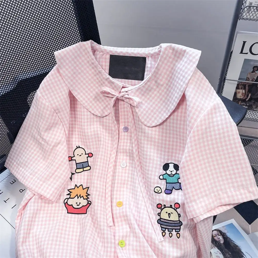 Plus Size 5XL 150KG Summer Plaid Shirt Lace Peter Pan Collar Large Women Top Women Short sleeve Embroidery Shirt Big Women Top