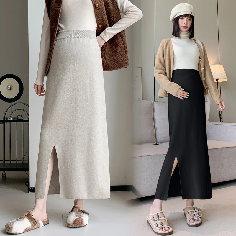 Pregnant Women Clothing Autumn Winter Maternity Simple Half Skirt Casual Knitted One-step Skirt Split Pregnancy