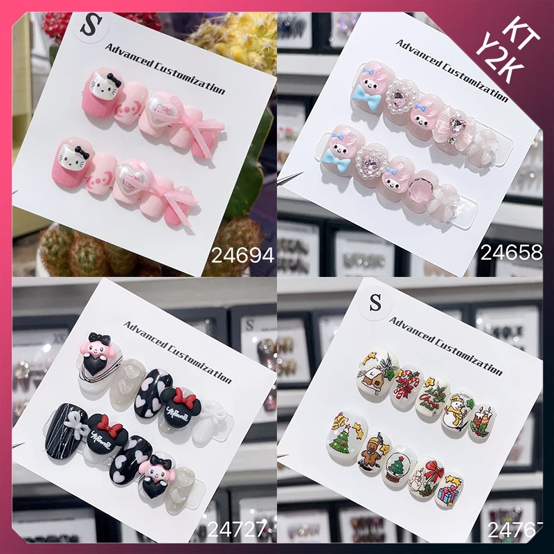 

Y2k Sanrio Short Cartoon Mymelody Cinnamoroll Hello Kitty Fake Nails Rhinestone Detachable Pink Nails Full Cover Nail Tips