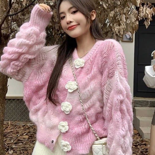 Pink Gradient Japan Knitted Women Sweater Lady Cardigan Vest Woman Sweaters  Female Jumpers Cardigan Jacket Spring Cloth Tops - AliExpress