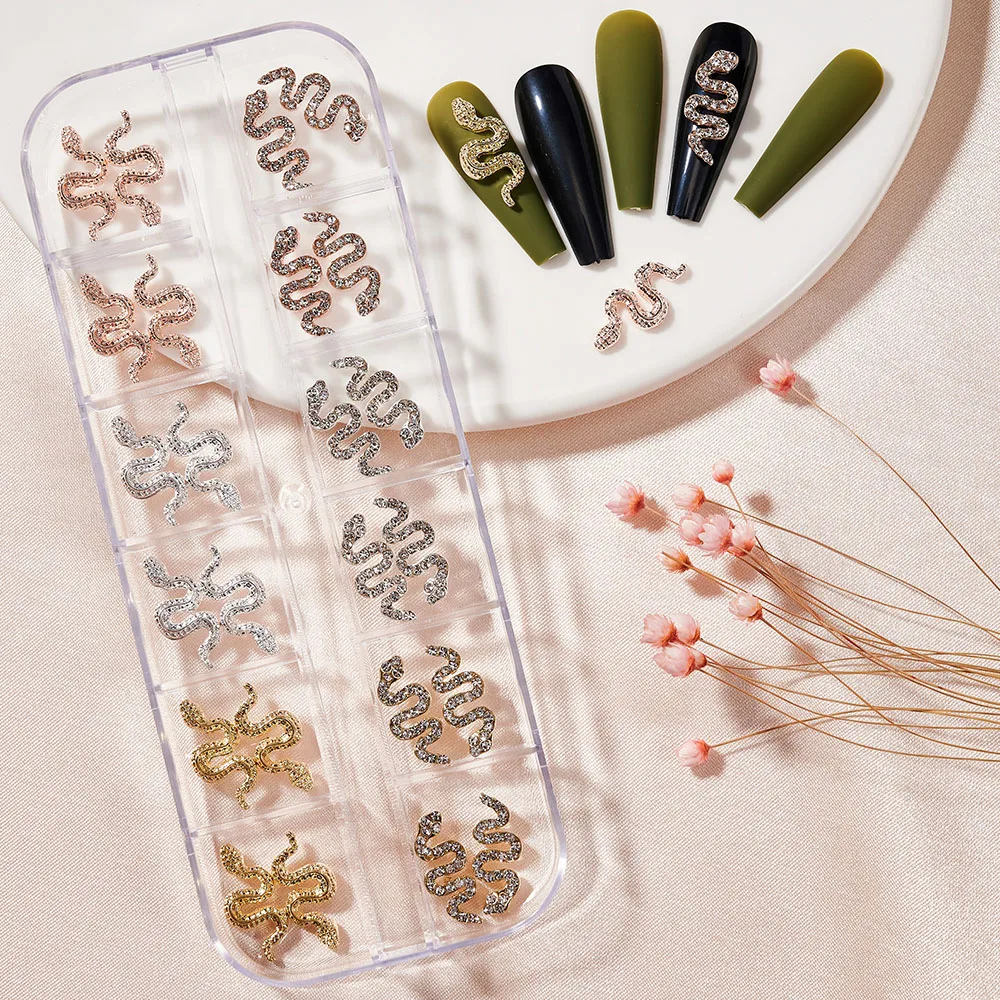 

12Grids/1Box Metal Gold/Sliver Snake Nail Alloy Nails Charms 3D Glitter Mixed Style Rhinestones Nail Jewelry Accessories PH174#