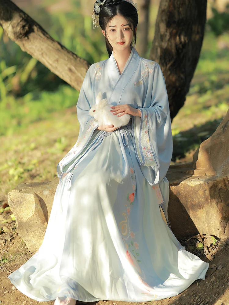 

Hanfu Pearl Belt Chiffon Ancient Loose Version Blue Gradient Embroidery Adult Dress National Fashion Chinese Style Suit Women's