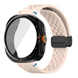 Silicone Magnetic Buckle Band with Tempered Glass Screen Protector and Case Strap - Galaxy Watch 6 40mm (Pink Black)