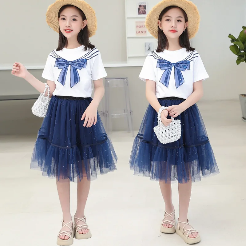 

Girls Clothes Summer 2023 New Skirt Set Fashion Mesh Skirt and Tees Two Piece Set All-match Playful Middle and Large Children