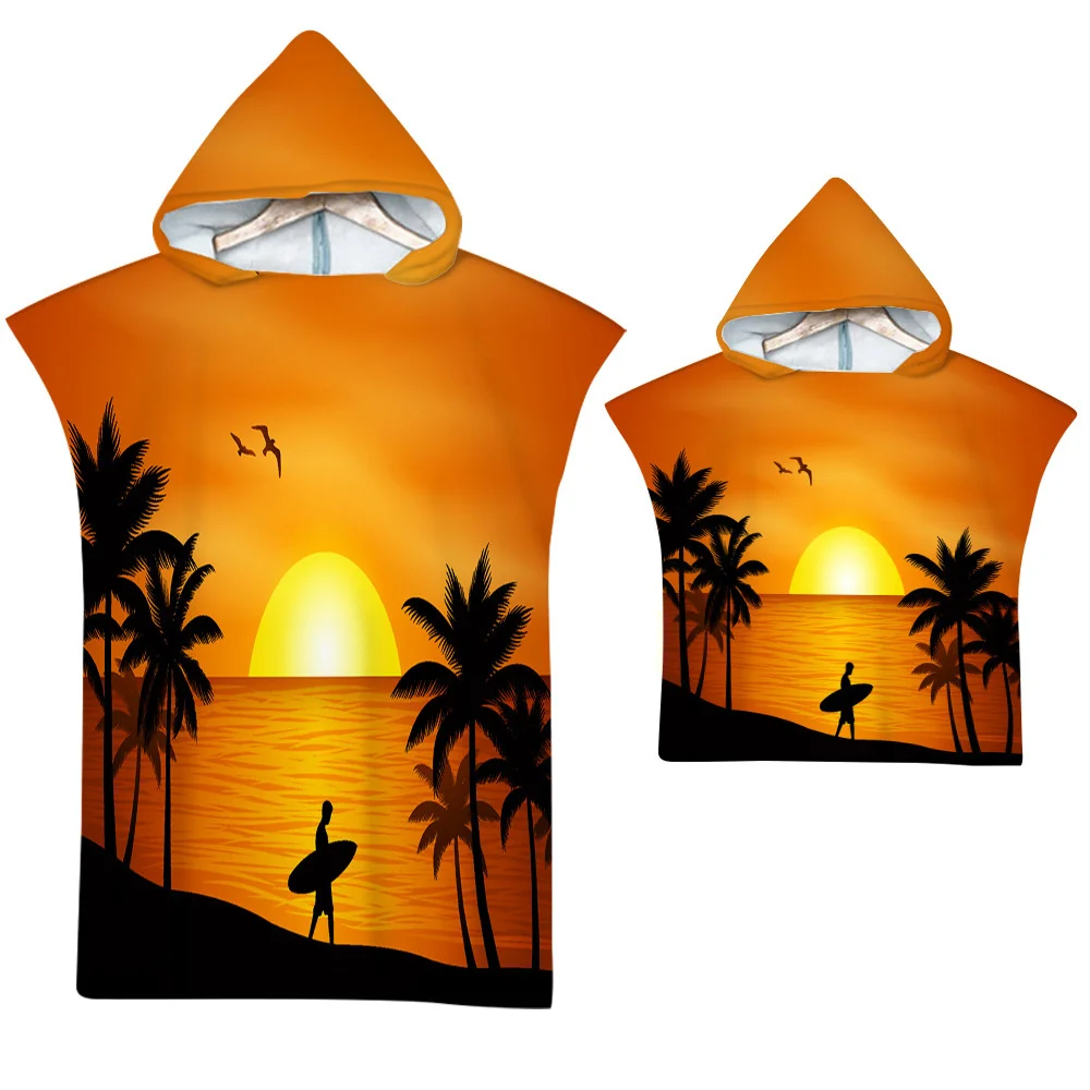 Tropical Plants Trees Beach Towel Microfiber Quick Dry Hooded Cloak Wetsuit Adult Kid Parent-Child Poncho Bathrobe for Swim Surf