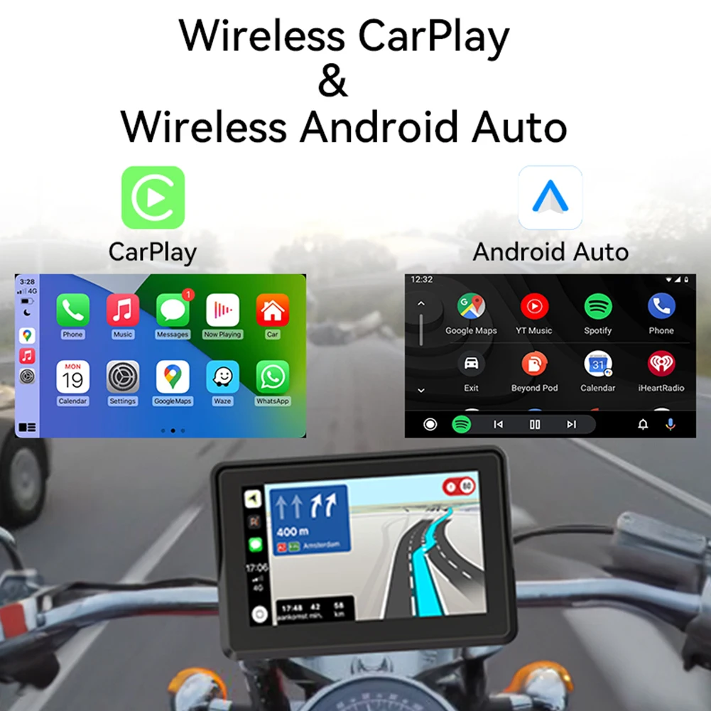  ABUWU Sistema de navegación GPS para motocicleta, pantalla  táctil de 5 pulgadas con CarPlay inalámbrico/Android Auto Bluetooth IPX7  impermeable para moto : Automotriz