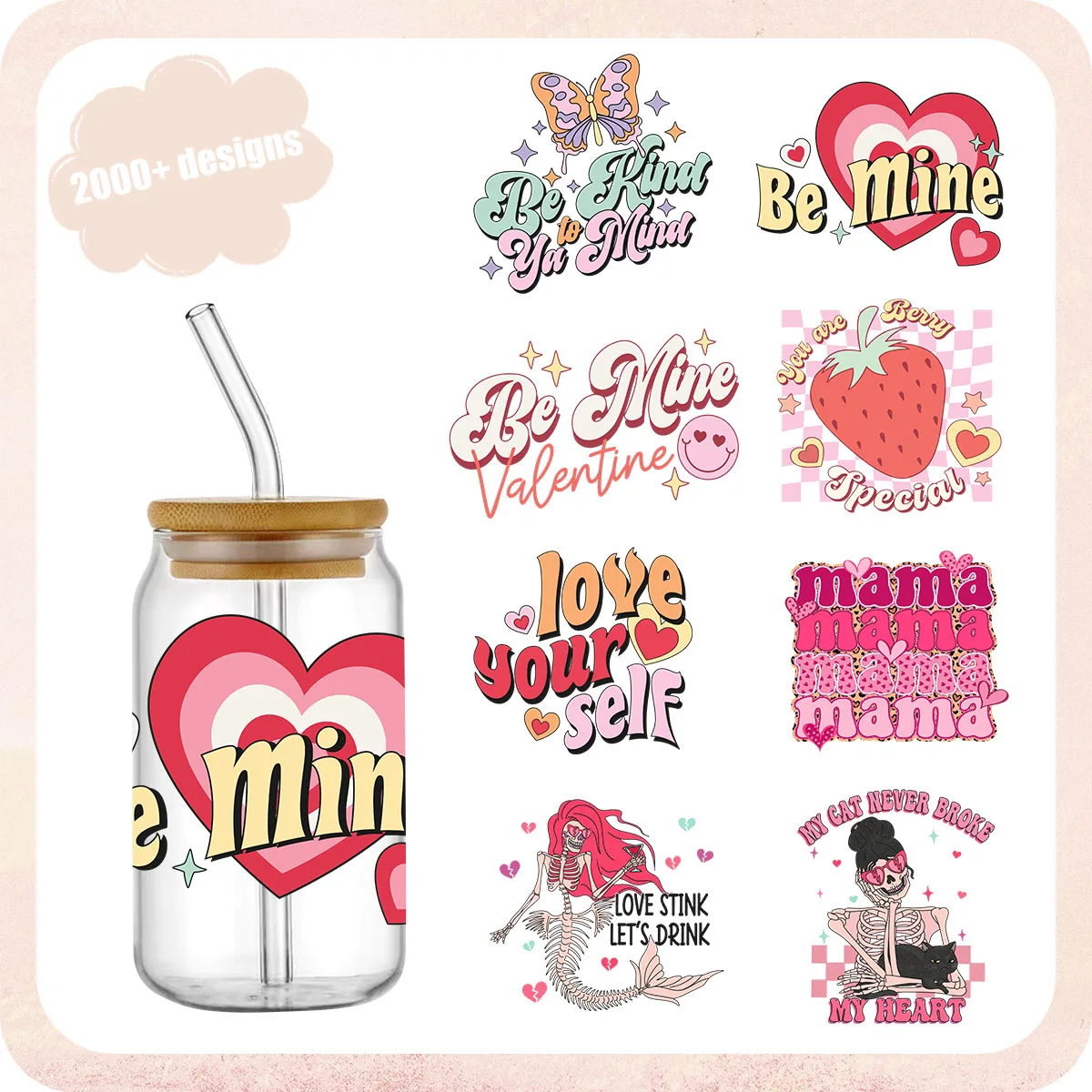 Anti Valentine Day Heart UV DTF Wrap Transfer Sticker 16Oz Glass Cup Sticker Print Waterproof Clear Smooth Diy Easy To Use