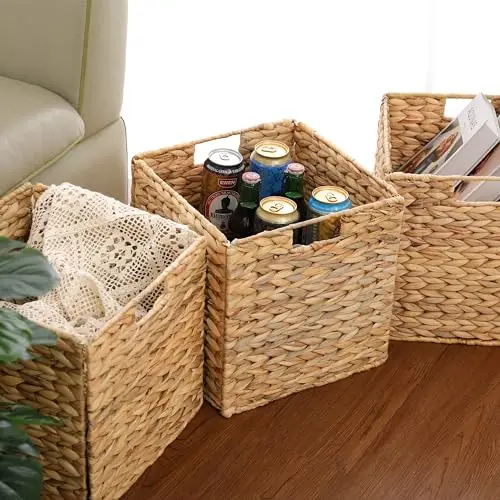 

12x12x12in Water Hyacinth Storage Baskets, Woven Baskets for Storage, Large Cube Wicker Storage Basket for Shelves Set of 3