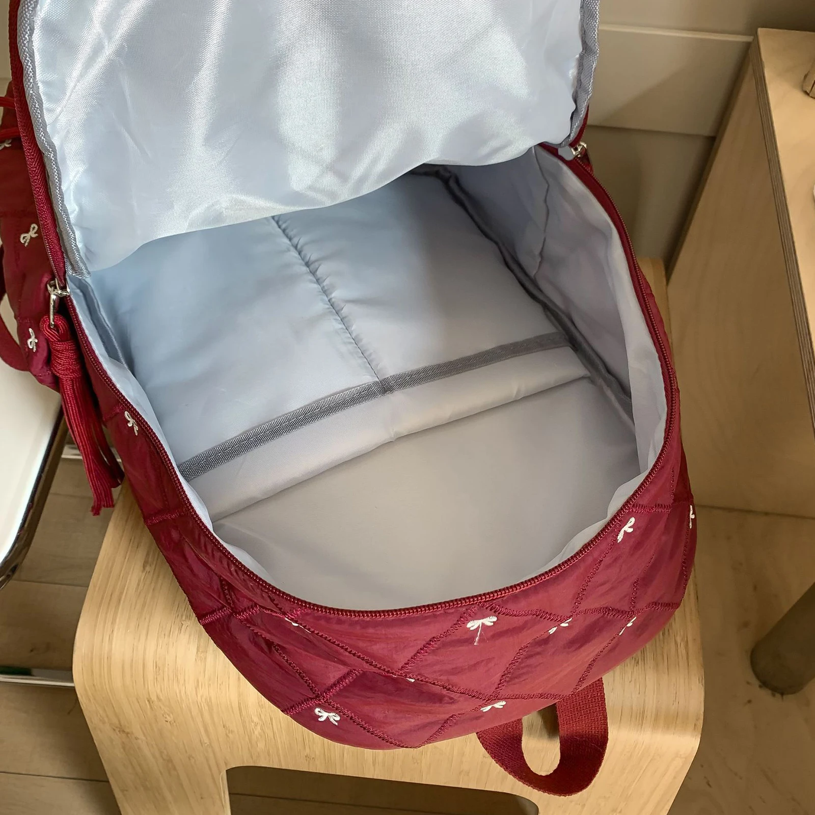 Soft Nylon Padded Rucksack with Pendant Bow Embroidery School Bag Large Capacity Bowknot Laptop Daypack Commute Backpack