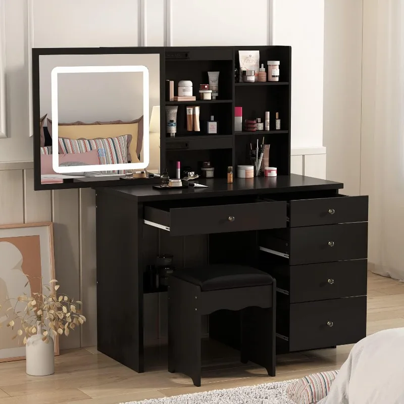 

Vanity Desk Set Makeup Table with Large Sliding Lighted Mirror, Dressing Table with 5 Drawers, Storage Shelves & Cushioned Stool