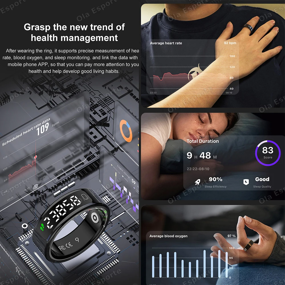 2026 New Fashion Smart Ring LED Display with Charging Case Heart Rate Sleep Monitoring IP68 Waterproof Pedometer Fitness Rings 5