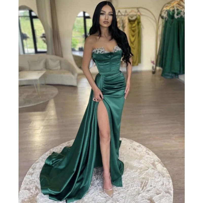 

Crystal Bridesmaid Dresses Green Sweetheart Sleeveless Floor Length Mermaid Side Slit Satin Wedding Party Bridesmaid Dresses