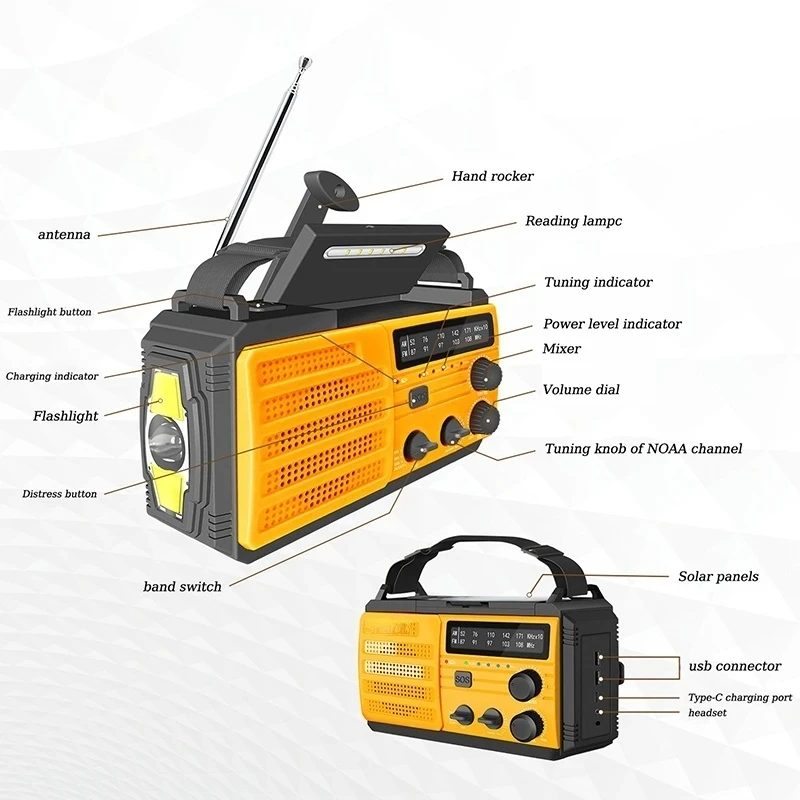 Urgence Solaire Manivelle Manivelle Rocker Manuel Générateur Manuel Torche  LED Multifonction AM/FM/WB Météo Radio 