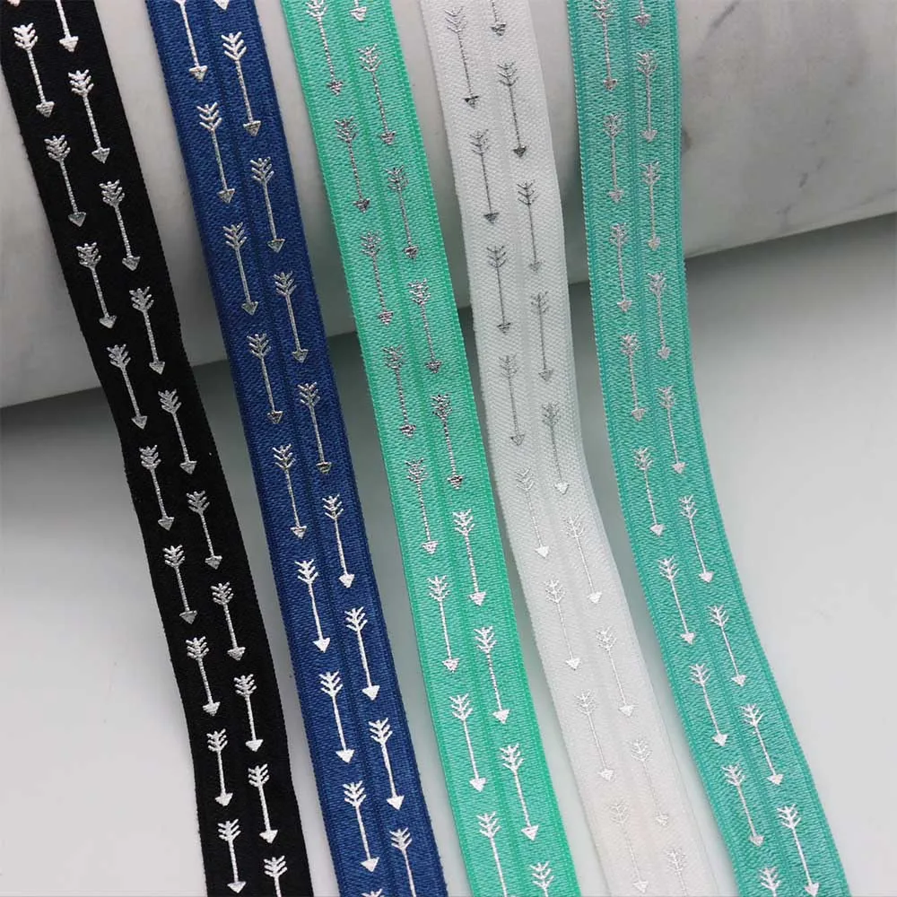 

5/8" 15MM Silver Foil Arrow Printed Fold Over Elastic FOE Ribbon For DIY Knot Ties Hair Accessories