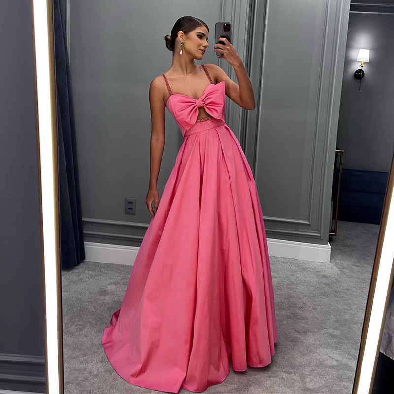 

2023 Pink A-Line Long Formal Prom Dresses With Bow Evening Dress Spaghetti Straps Saudi Arabia Cocktail Party Gowns Custom Size