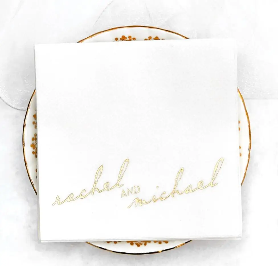 

Personalized Names Cocktail Napkin - Vintage Modern Script Napkin- Foil Stamped, Linen Like Party Napkins, Wedding, Engagement,