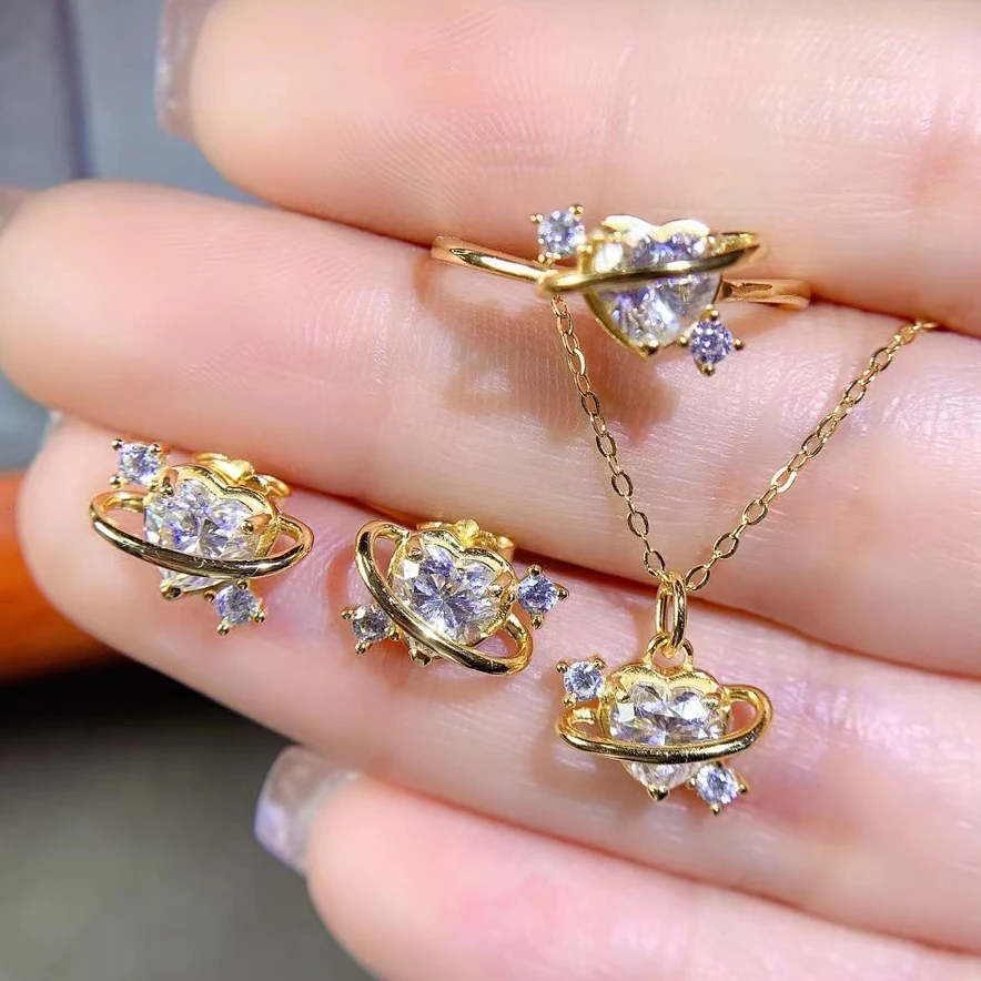 

MeiBaPJ 6 мм белый Муассанит Сердце комплект ювелирных изделий 925 серебро кольцо серьги кулон 3 шт. костюмы Свадебные украшения для женщин