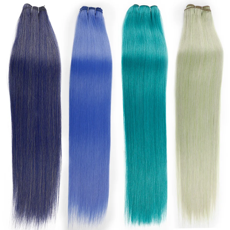 Straight Hair Extensions Synthetic Smooth Ombre Hair Weaving 26 inches Blue Synthetic Straight Hair Bundles Full to End
