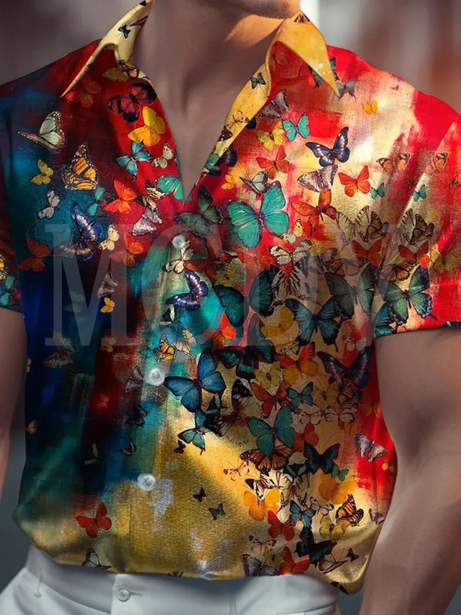

Butterfly Casual Satin Shirt Oversized Stretch Music Car Aloha Shirts