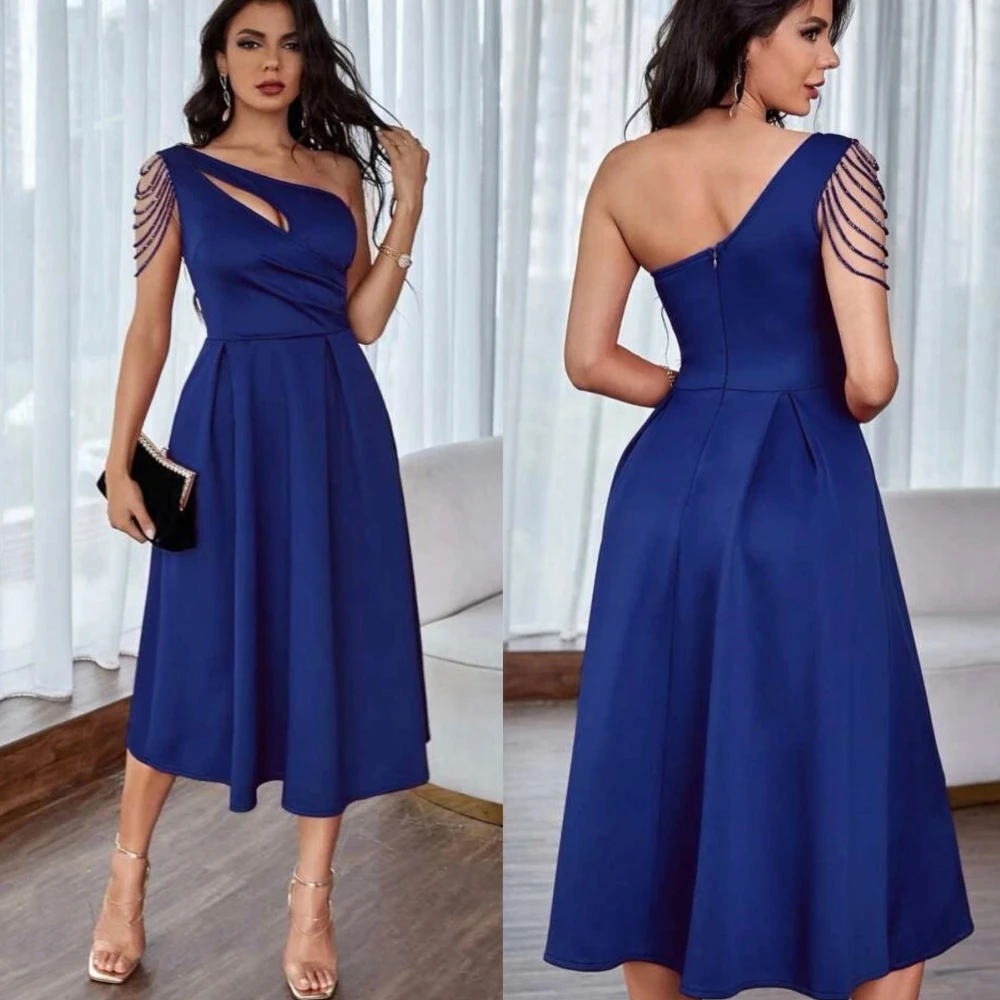 Evening  Sexy Casual  Satin Beading Homecoming A-line One-shoulder Bespoke Occasion Gown Midi Dresses