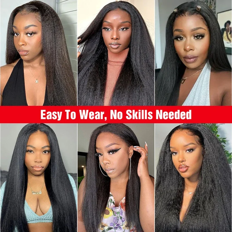Kinky Straight Human Hair Half Wig 250 Density Natural Black Brazilian Hair Wigs wear and go Drawstring wig Flip over half wig