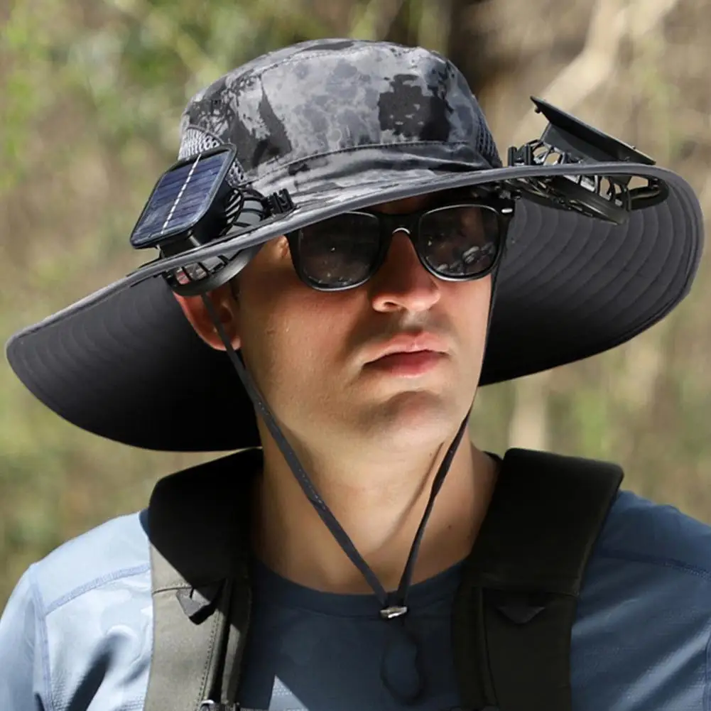 1 Set Outdoor Sun Hat 2 Fan Large Brim Windproof Strap Solar Or USB Charging Anti UV Outdoor Fishing Cap