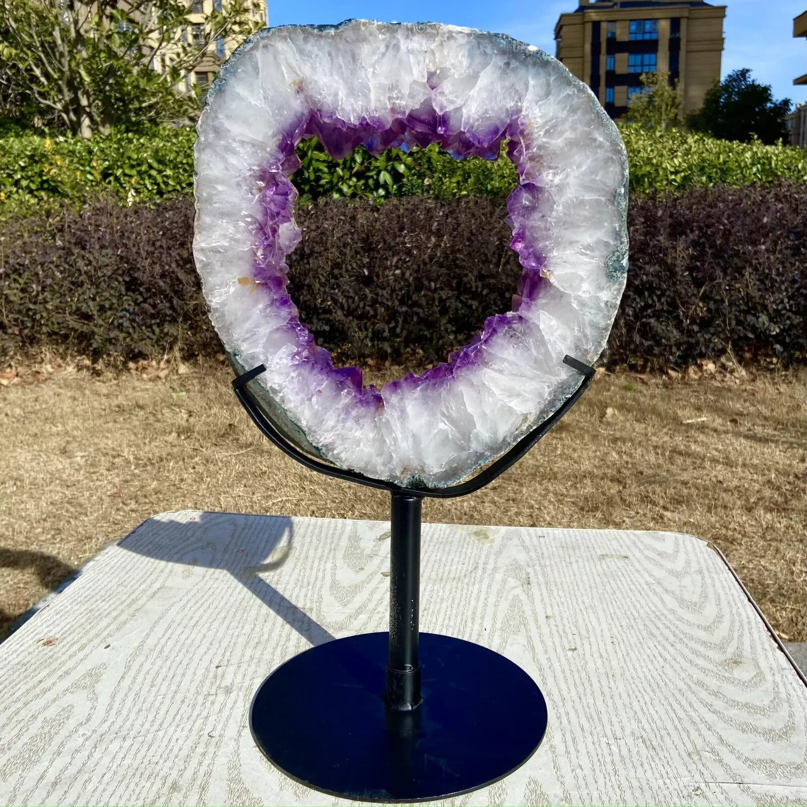 Natürlich geformt! Amethyst, Geode, kreisförmige Scheibe, violette Quarzkristall-Erzscheibe, Mineral, Reiki, Heilung – Detail 2