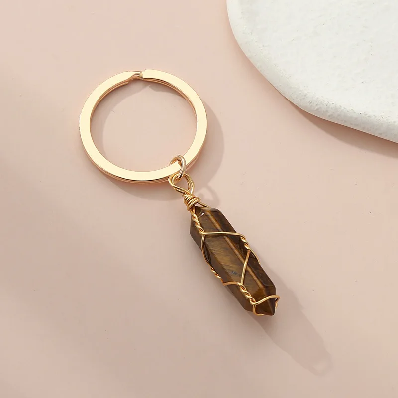 15pcs Natural Stone Wire Wrap Hexagonal prism Key Rings Keychains Healing Pink Crystal Car Decor Keyholder for Women Men