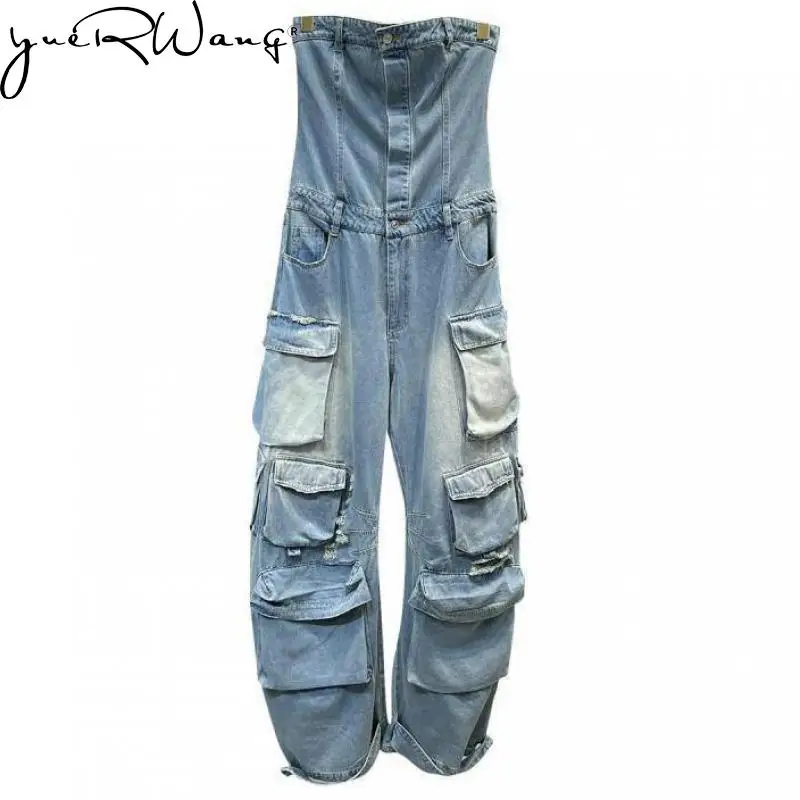 

yuerwang Women Jumpsuit 2023 Summer Multi Pockets Hole Denim Jumpsuit Strapless Sleeveless Long Jean Rompers Womens Jumpsuit