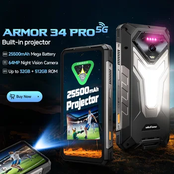 【Anteprima mondiale】Ulefone Armor 34 Pro 5G AI Rugged Phone 25500mAh Fino a 32GB+512GB Proiettore integrato 120Hz Smartphone NFC da 6,95" Luce LED IP69K 64MP Visione notturna Telefono cellulare