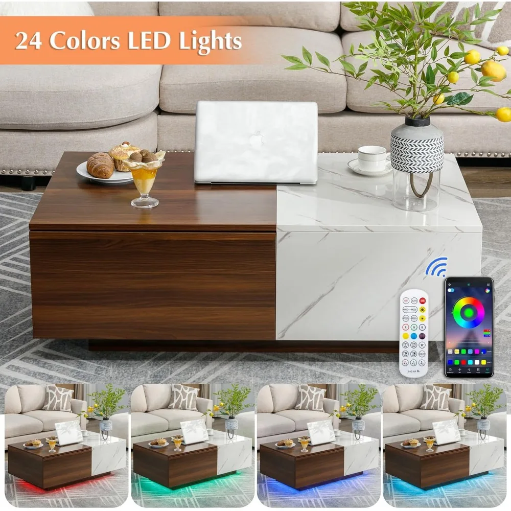 43.3IN LED Black Coffee Tables for Living Room with 16 Colors LED Lights Modern Coffee Table with Storage Drawer Rectan 6