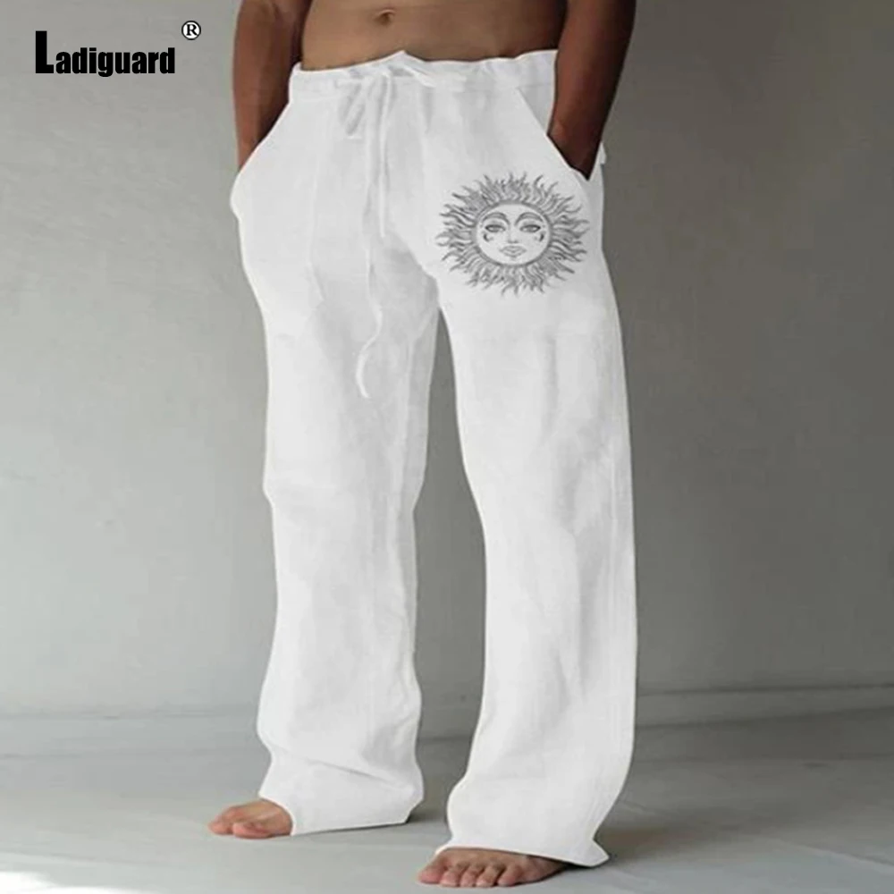 

Ladiguard Plus Size 5xl Men's Casual Pocket Design Pants Linen Trouser Lace-up Simple Print Sweatpants Men Fashion Hip Hop Pants