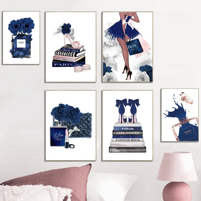 Bedroom Wall Art Blue Perfume on The Book Picture Print on Canvas Framed Bathroom Wall Decor Modern Female Room Chanel Decor Artwork Wall Decorations