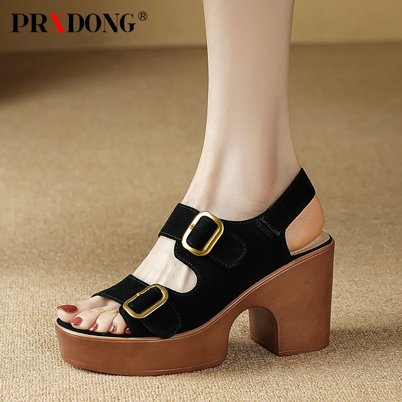

PRXDONG Women's Summer Sandals Genuine Leather Chunky High Heels Platform Black Buckle Punk Dress Party Casual Lady Shoes 34-39
