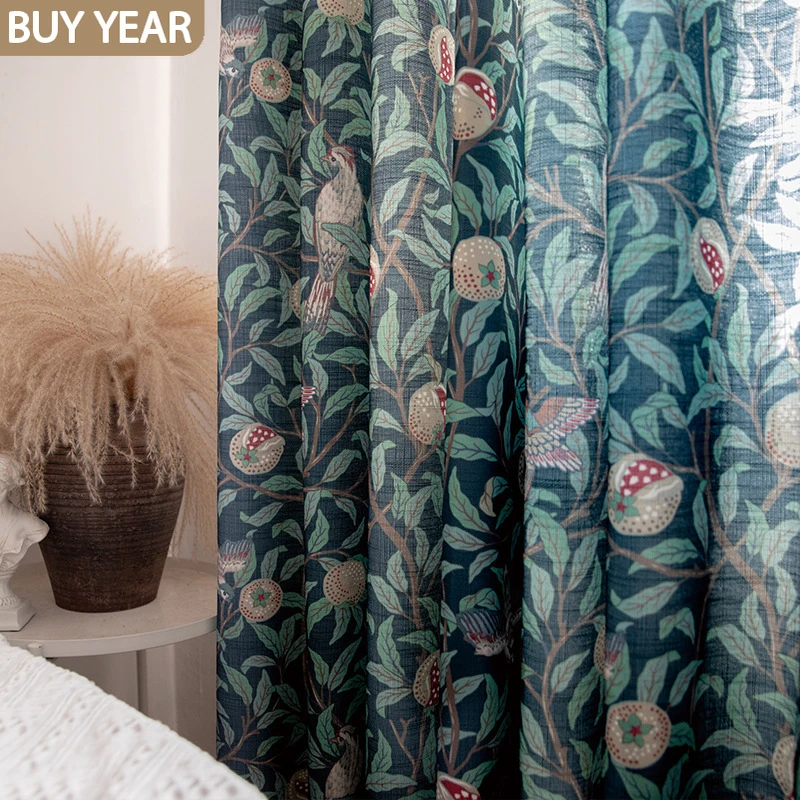 curtain designs American Curtains for Living dining Room Bedroom Retro Dark Green Pomegranate Flower and Bird Imitation Cotton and Linen Curtain blue curtains