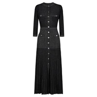 High Quality Fashionable Elastic Bright Silk Knitted Round Neck 7-inch Sleeve Single Row Button Lace Slim Fit Women's Dress