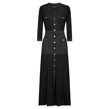 High Quality Fashionable Elastic Bright Silk Knitted Round Neck 7-inch Sleeve Single Row Button Lace Slim Fit Women's Dress 1