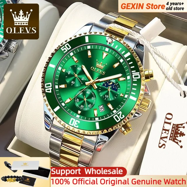 OLEVS Men's Watch Quartz Waterproof Luminous Stainless Steel Watch Green Sport Date Moon phase Wrist Watch for Men Reloj hombres 1