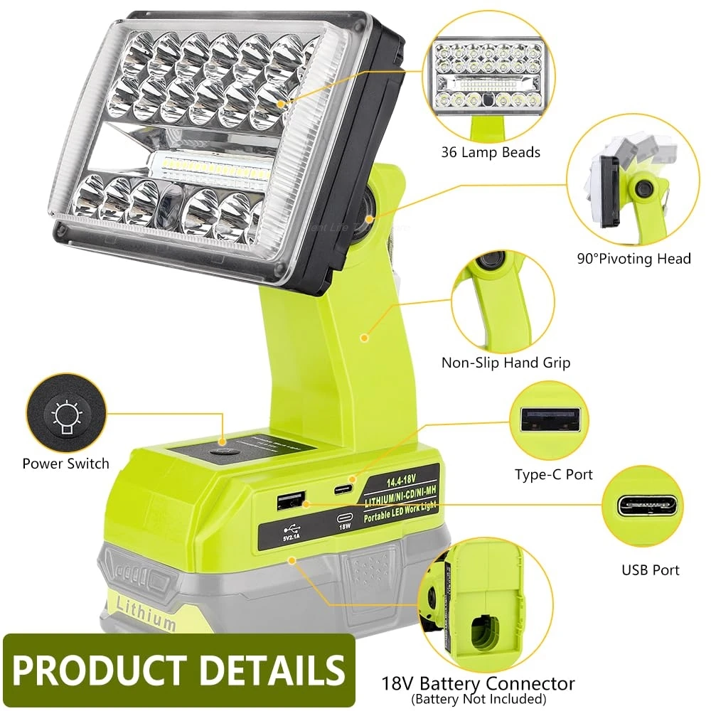 Cordless Led Work Light Compatible with Ryobi 18V Battery Rechargeable Jobsite L