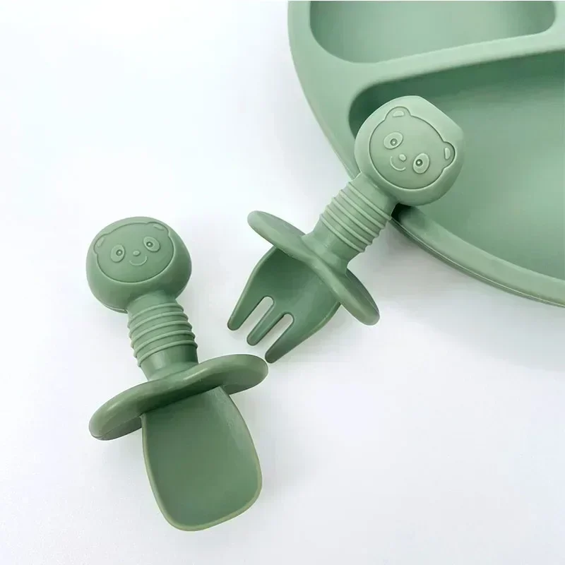 2pcs Food Grade Children Wooden Handle Silicone Spoon Fork Cutlery Baby Training Complementary Food Spoon BabyFeeding Spoon Fork 4